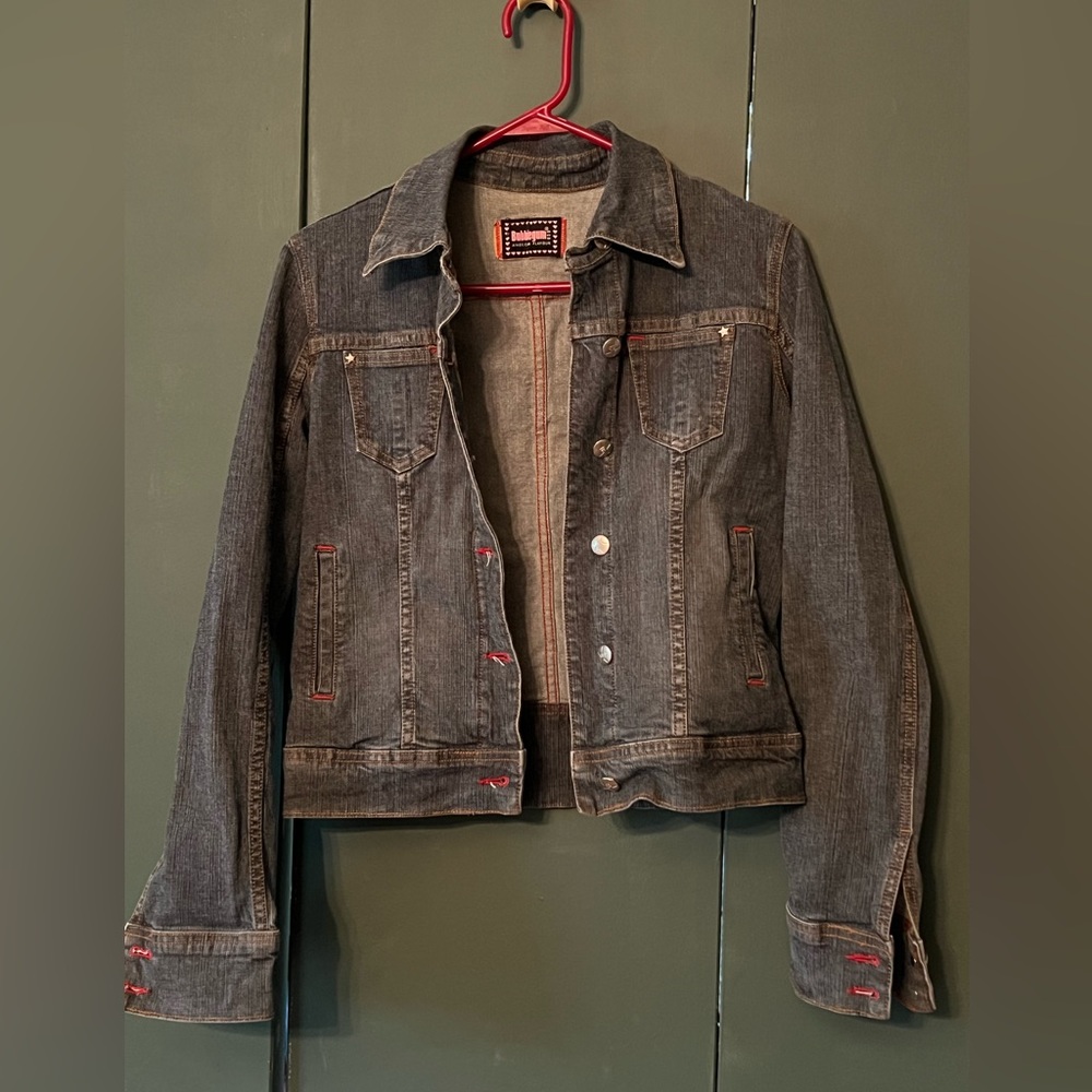 Bubblegum dark denim women’s jean jacket.
